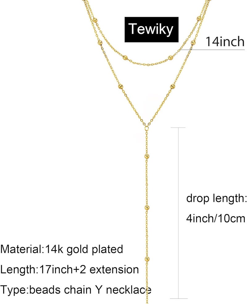 Tewiky Lariat Necklace for Women, Dainty Long Necklaces 14k Gold Plated Heart Pearl CZ Teardrop Pendant Necklace Simple Drop Necklace Trendy Y Necklace Fashion Jewelry for Women - Image 4